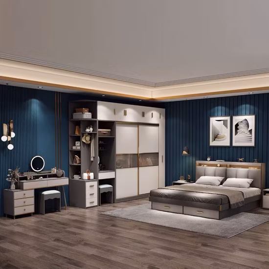 Venta al por mayor, hogar moderno, sala de estar, dormitorio, muebles de madera, sofá, cama doble King Wall